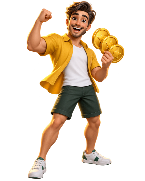 Joe Fortune mascot celebrating a reward